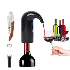 a person is pouring wine into a glass with a corkscrew next to it