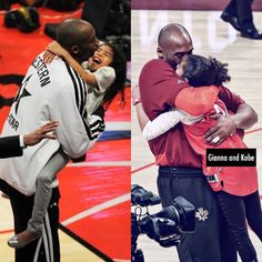 two pictures of people hugging each other on the basketball court