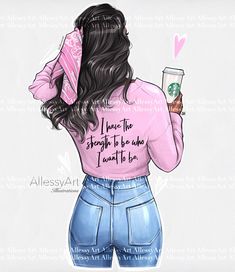 a drawing of a woman holding a starbucks cup