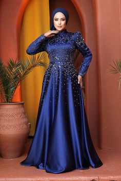 Long Maxi Dress adorned with beautiful crystals - Midnight Blue. Luxury Maxi Dress With Crystal Embellishments, Luxury Women's Maxi Dress With Crystal Embellishments, Blue Hijab Dress, Long Blue Maxi Dress, Blue Hijab, Courthouse Wedding Dress, Modest Women, Hijab Look, Beautiful Crystals