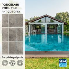 an advertisement for a pool tile company with the words porcelin pool tile antique grey