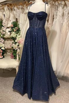 Shiny Dark Navy Blue Long Lace Prom Dresses, Dark Navy Blue Long Formal Evening Dresses #prom #promdress #bluepromdress #longdresses A Line Navy Dress, Navy Blue Hoco Dress Long, Prom Dresses Navy Blue Long, Dark Blue Prom Dress Corset, Sparkly Navy Blue Prom Dress, Sparkling Blue Dress, Midnight Blue Prom Dress Aesthetic, Midnight Garden Theme Prom Dresses