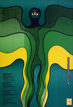 a poster with an abstract design on the front and back side of it, which is green yellow and blue