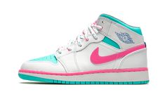 the nike air jordan 1 mid is available in white, pink and blue with turquoise accents