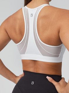 Features: Mesh details in front and back High neckline with cutout Midline Removable bust pads Details: Fabric: NuBre/Mesh (Nylon/Spandex) Medium - High Support Level Description: This Ambrosia Sports Bra is a medium support level bra with a high front and back neckline and a small chest cutout to highlight your best features. It is made of our signature NuBre fabric for a smooth, skin-like feel with high stretch retention and has mesh detailing on the front and the back. Gym Shorts Outfit, Apparel Design Inspiration, Tennis Apparel, Gym Bra, Running Sports Bra, Grocery Foods, White Sports Bra, Seamless Sports Bra, Activewear Fashion