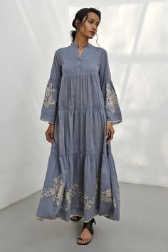 Shop for these amazing collections of Blue Chambrey Cotton Embroidered Floral Band Collar Papigo Tiered Dress For Women by Payal Pratap online at Aza Fashions. Payal Pratap, Placement Embroidery, Trendy Dress Outfits, Embroidery Floral, Scarf Knitting Patterns, Band Collar, Notched Collar, Tiered Dress, Trendy Dresses