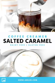 coffee creamer salted caramel is being poured into a mug