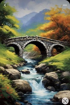 a painting of a bridge over a river with rocks and trees in the foreground