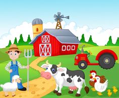 farm scene with farmer and animals