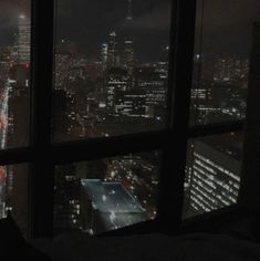 a cat is sitting in front of a window looking out on the city at night