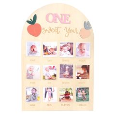 a wooden wall calendar with pictures of babys and their names on it's side