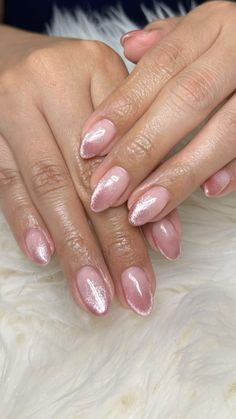 Beautiful delicate elegant pink nails with a cats eye glitter ombre done by Matcha Nailz Cat Eye Nails Ombre, Cat Eye Ombré Nails, Pink Cat Eye Nails French, Pink Cat Eye Nails Design, Cat Eye Pink Nails, Light Pink Cateye Nails, Mom Nail Ideas, Almond Nails Sheer Pink, Short Pink Cat Eye Nails