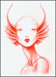 a drawing of a woman with horns on her head