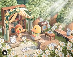 an animal crossing game is shown in the background with flowers and books on the ground