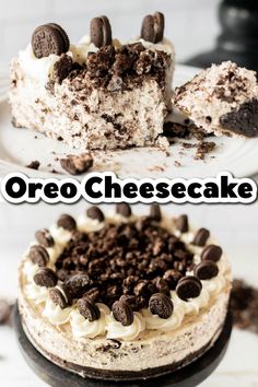 oreo cheesecake with chocolate chips on top and the words oreo cheesecake above it