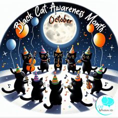 a group of black cats wearing party hats and playing instruments in front of a full moon