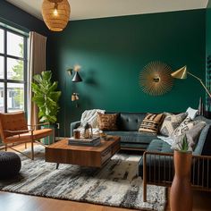 a living room with green walls and furniture