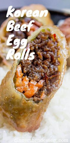 korean beef egg rolls on top of rice