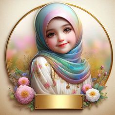 a painting of a woman wearing a hijab with flowers around her neck and gold frame