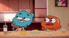 two cartoon characters sitting at a table with food