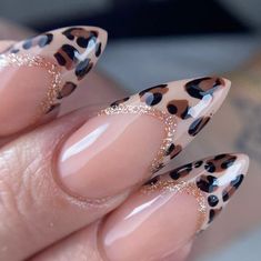 Cute Leopard Print Nails, Lepord Print Nails Almond, Maroon And Leopard Nails, Cheetah Print French Tip Nails Almond, Fall Cheetah Nails Almond, Cheats Print Nails, French Tip Cheetah Nails, Nail Diamond Placement Ideas, Leopard Print Nails Almond