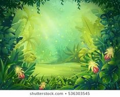 an image of a jungle scene with flowers and plants