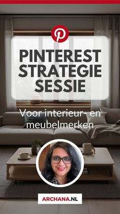 a woman is sitting in front of a couch and coffee table, with the words pinterest strategie sesse on it