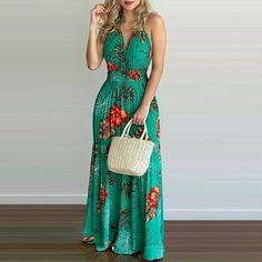 Hello! Welcome to our store--Azrian! We will bring you good and cheap clothing, and make seasonal promotions to our regular customers. Please pay attention to our store. Love you! Size: XL.  Color: Multicolor.  Gender: female.  Age Group: adult. Size 12 Outfits, Bare Back Dress, Beach Dress Casual, Mode Prints, Open Back Maxi Dress, Boho Beach Dress, Halter Neck Maxi Dress, Maxi Dress Outfit, Womens Long Dresses