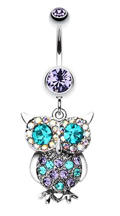 an owl belly ring with blue and purple crystals