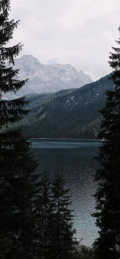 a lake surrounded by trees and mountains in the background