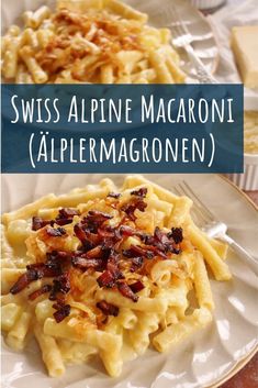 two plates filled with pasta and sauce on top of each other next to the words swiss alpine macaroni alpermagrone