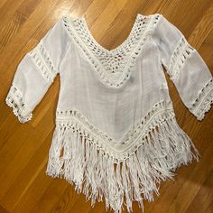 White Fringe See-Through Shirt - Size Small - Never Worn Bohemian V-neck Beach Shirt, Fitted Long Sleeve Beach Top, Fitted Long Sleeve Tops For Beach, Fitted Long Sleeve Tops For The Beach, Summer Crew Neck Blouse For The Beach, Summer Crew Neck Blouse For Beach, Long Sleeve Cotton Tops For Beach, Long Sleeve Cotton Tops For The Beach, Summer Beach Blouse With Crew Neck