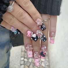 Kawaii Nail Art, Vday Nails, Punk Nails, Cute Acrylic Nail Designs, Hello Kitty Nails, Sparkle Nails