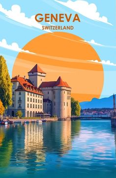 an image of a castle in the middle of water with trees and buildings around it