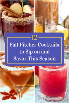 Collage of 4 fall pitcher cocktails. Fall Bulk Cocktails, Big Batch Fall Drinks, Cozy Fall Cocktail, Yummy Fall Cocktails, Autumn Pitcher Cocktails, Fall Mixed Drinks For A Crowd, Fall Cocktails Big Batch, Fall Drinks Alcohol For A Crowd Easy, Fall Alcohol Drinks For A Party