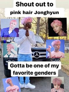 a collage of photos with pink hair and the caption that says, i'm