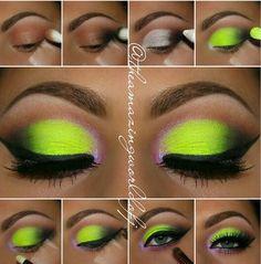 Eye Makeup Pictorial, Neon Green Eyeshadow, Colorful Eye Makeup Tutorial, Make Up Yeux, Make Up Designs, Makeup Pictorial, Neon Makeup, Pink Eye Makeup