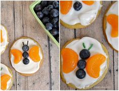 three pictures of oranges, blueberries and cream on top of doughnuts