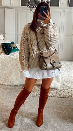 Fall Boots 2022 Outfit, White Knitted Dress Outfit, Sweater Dress With Collared Shirt, Oversize Knit Sweater Outfit, White Shirt Dress Outfit Winter, Oversized White Sweater Outfit, Sweater Over Dress Shirt, Knit Sweater Dress Outfit, Beth Bartram