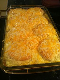 a casserole dish with cheese on top