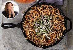 a skillet filled with pasta and vegetables next to a photo of a woman looking at the camera