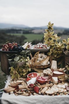 a table topped with lots of different types of cheeses and fruit on top of it