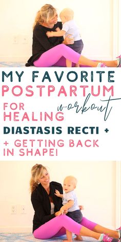 a woman sitting on top of a bed next to a baby in her lap and the words, my favorite postpartum for