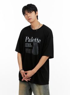 Product Detail Style : Casual Occasion : Back to school Type : Men, TShirts Print : Graphic Material : Cotton Sleeve : Short sleeve Neck : Round neck Fit : Oversize fit Cotton60 Modal40 Color : Black Made in Korea Model Size Model is wearing size 1XL and the color Black. Height : 6'0" | 184cm / Top : L / Bottom : XL (32 inch) .prddescription table, .prddescription td, .prddescription th { border : 1px solid black; border-collapse : collapse; padding: 10px; } Size(Inch) Size Shoulder Bust Sleeve Black Casual T-shirt For Streetwear, Black Slogan Shirt For Streetwear, Casual Black T-shirt With Graphic Design, Oversized Black Shirt With Graphic Design, Oversized Black Shirt With Text Print, Black Hip Hop Shirt With Letter Print, Casual Black T-shirt With Letter Print, Casual Black T-shirt With Text Print, Oversized Black Shirt With Letter Print