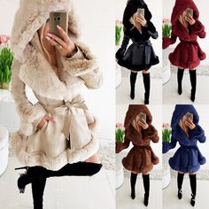 Womens Winter Warm Outwear Coat Faux Fur Patchwork Hoodie Belt Slim Fit Ruffles | eBay Short Coats, Faux Fur Hooded Jacket, Leather Coat Womens, Real Fur Coat, Long Overcoat, Pu Leather Jacket, Patchwork Jacket, Parka Coat, Fur Fashion