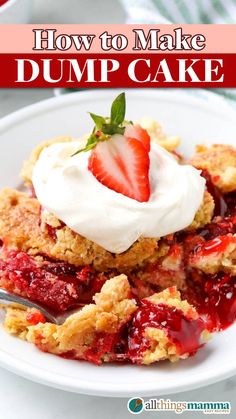 Close-up of a slice of dump cake topped with whipped cream and a fresh strawberry on a white plate, showcasing the crumbly cake topping and vibrant cherry filling.