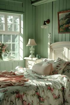 a bed sitting in a bedroom next to a window with lots of flowers on it