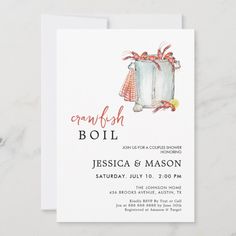 a white card with an image of a trash can and the words crawfish boil on it