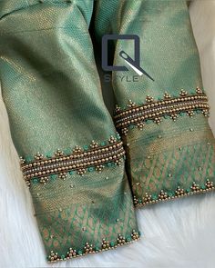 Green With Silver Blouse Designs, Beats Work Blouse Design, Saree Blouse Hand Work, Green Blouse Embroidery Designs, Silver Blouse Designs, Blouse Hand Work, Aari Work Saree, Gold Blouse Designs, Pokemon Quotes