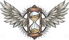 an hourglass with wings and wings around it on a white background, hand drawn